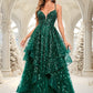 Finley Ball-Gown/Princess V-Neck Floor-Length Lace Floral Prom Dresses With Sequins DEP0025838