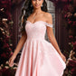 Ireland A-line Off the Shoulder Short Satin Homecoming Dress With Rhinestone Beading Appliques Lace DEP0025679