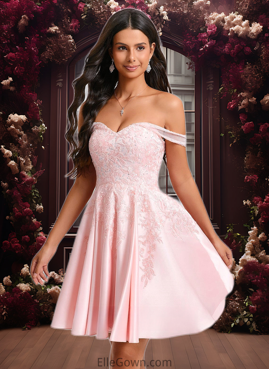 Ireland A-line Off the Shoulder Short Satin Homecoming Dress With Rhinestone Beading Appliques Lace DEP0025679