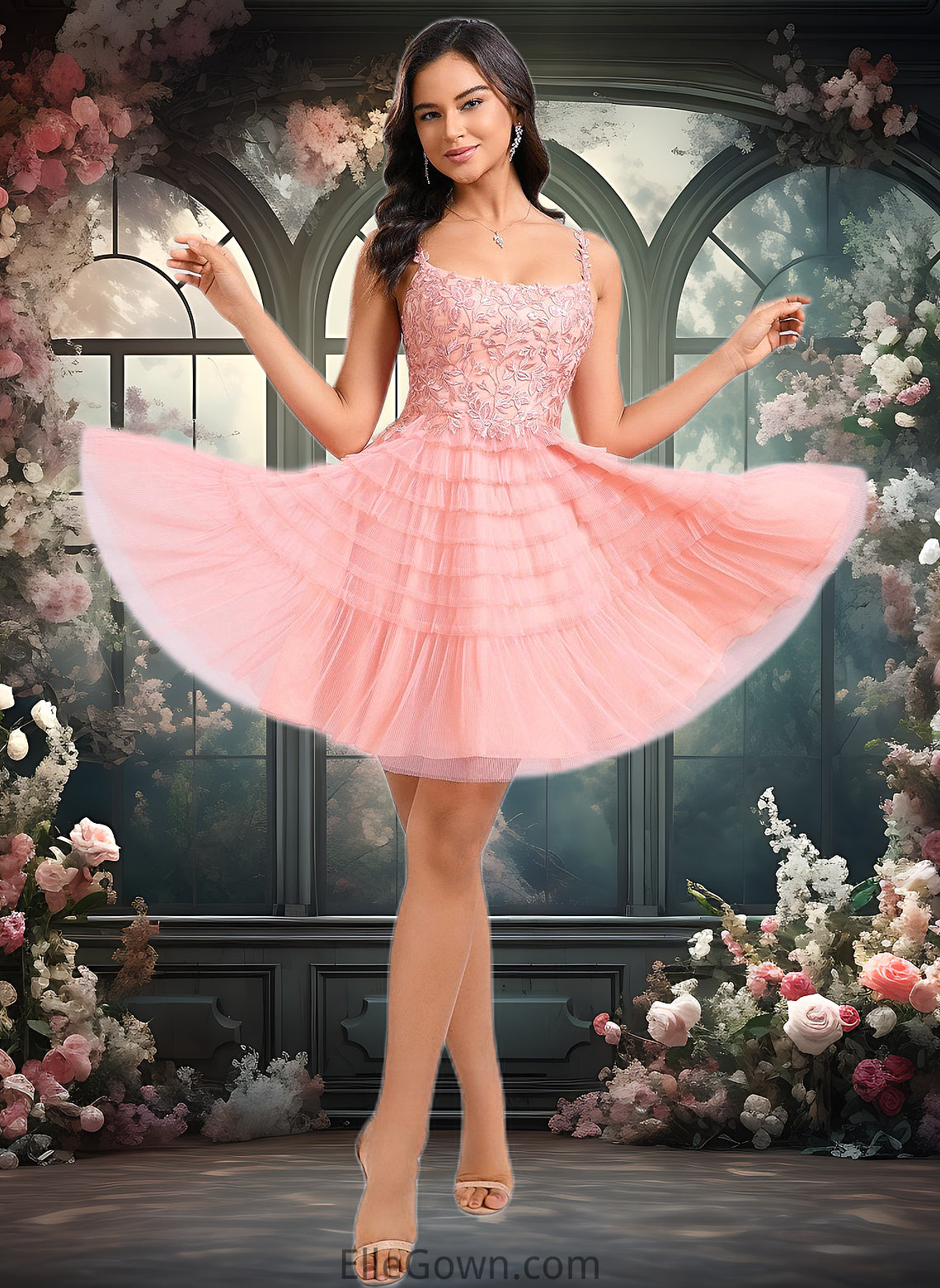 Dania Ball-Gown/Princess Scoop Short Tulle Lace Homecoming Dress With Ruffle DEP0025676