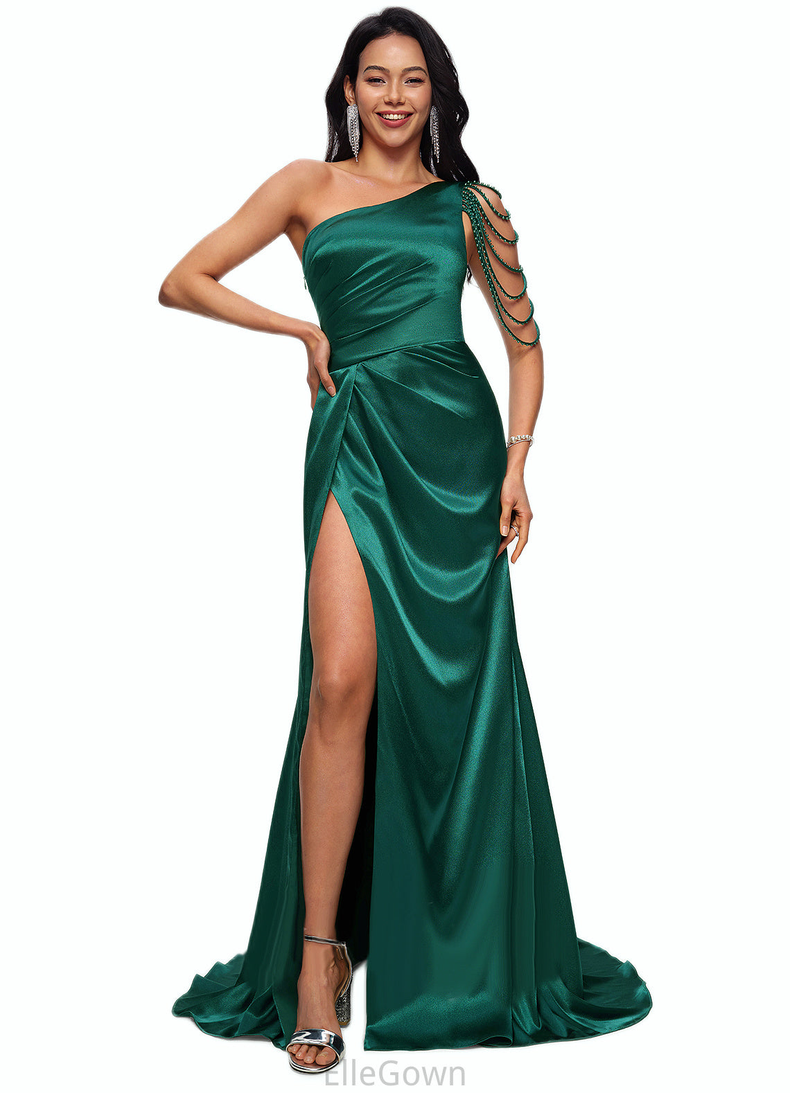 Karlie Trumpet/Mermaid One Shoulder Sweep Train Stretch Satin Prom Dresses With Beading DEP0022205