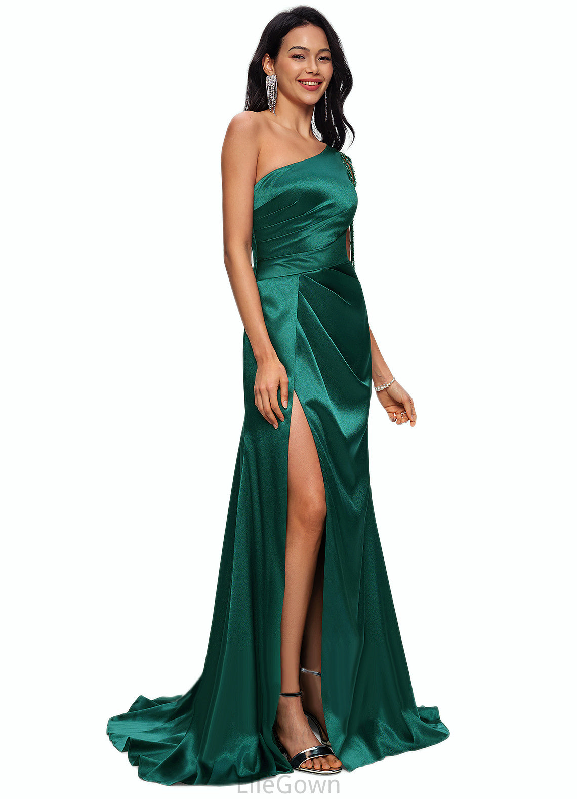 Karlie Trumpet/Mermaid One Shoulder Sweep Train Stretch Satin Prom Dresses With Beading DEP0022205