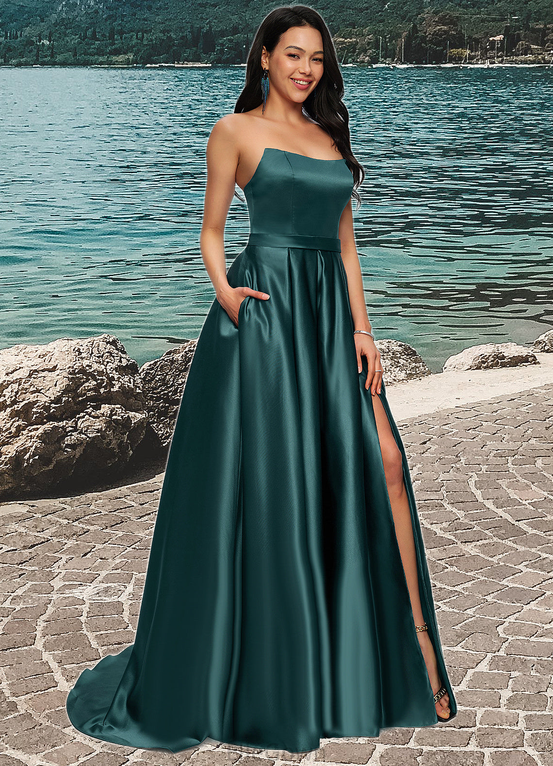 Aria Ball-Gown/Princess Sweep Train Satin Prom Dresses DEP0022207