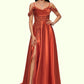 Frida A-line Off the Shoulder Sweep Train Satin Prom Dresses With Rhinestone DEP0022208