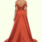 Frida A-line Off the Shoulder Sweep Train Satin Prom Dresses With Rhinestone DEP0022208