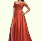 Frida A-line Off the Shoulder Sweep Train Satin Prom Dresses With Rhinestone DEP0022208