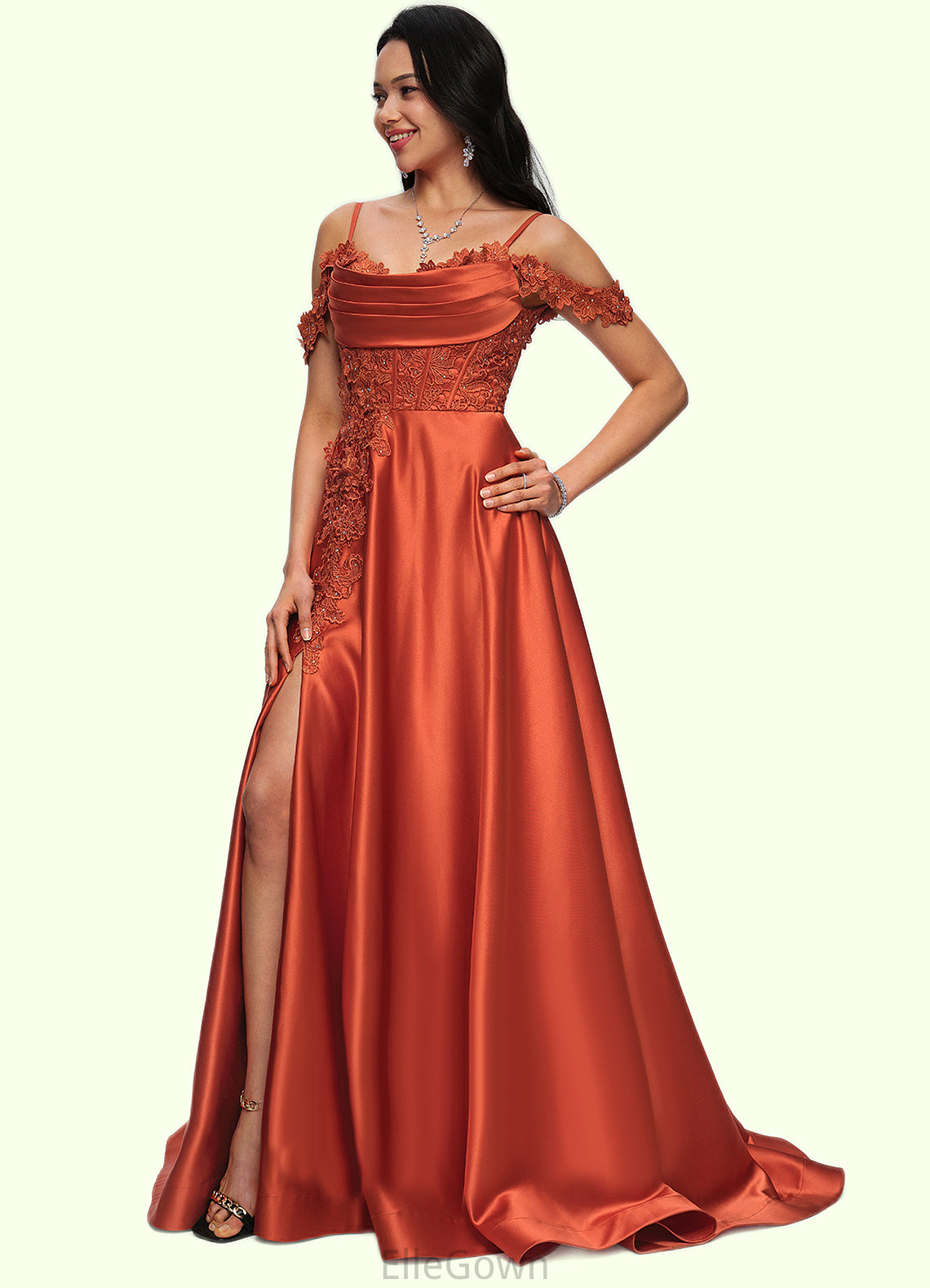 Frida A-line Off the Shoulder Sweep Train Satin Prom Dresses With Rhinestone DEP0022208