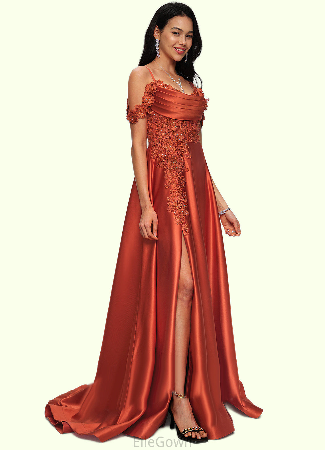 Frida A-line Off the Shoulder Sweep Train Satin Prom Dresses With Rhinestone DEP0022208