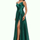 Melinda A-line V-Neck Floor-Length Stretch Satin Prom Dresses DEP0022211