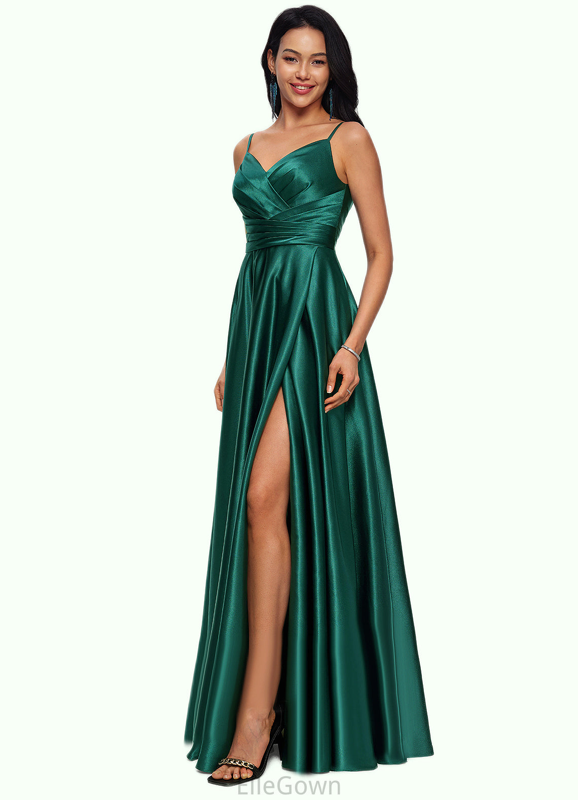 Melinda A-line V-Neck Floor-Length Stretch Satin Prom Dresses DEP0022211