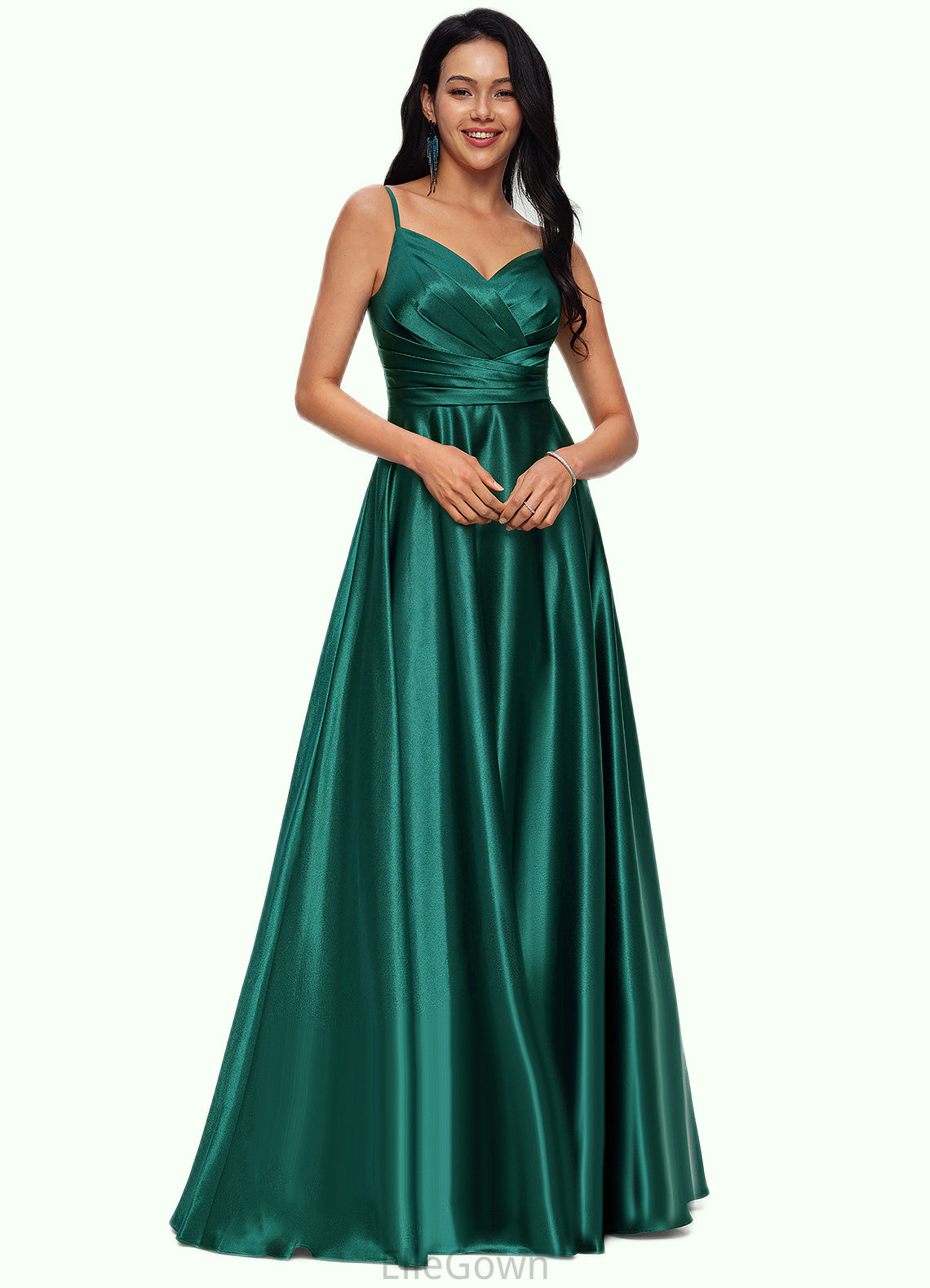 Melinda A-line V-Neck Floor-Length Stretch Satin Prom Dresses DEP0022211