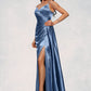 Selena Sheath/Column V-Neck Floor-Length Stretch Satin Prom Dresses With Pleated DEP0022214