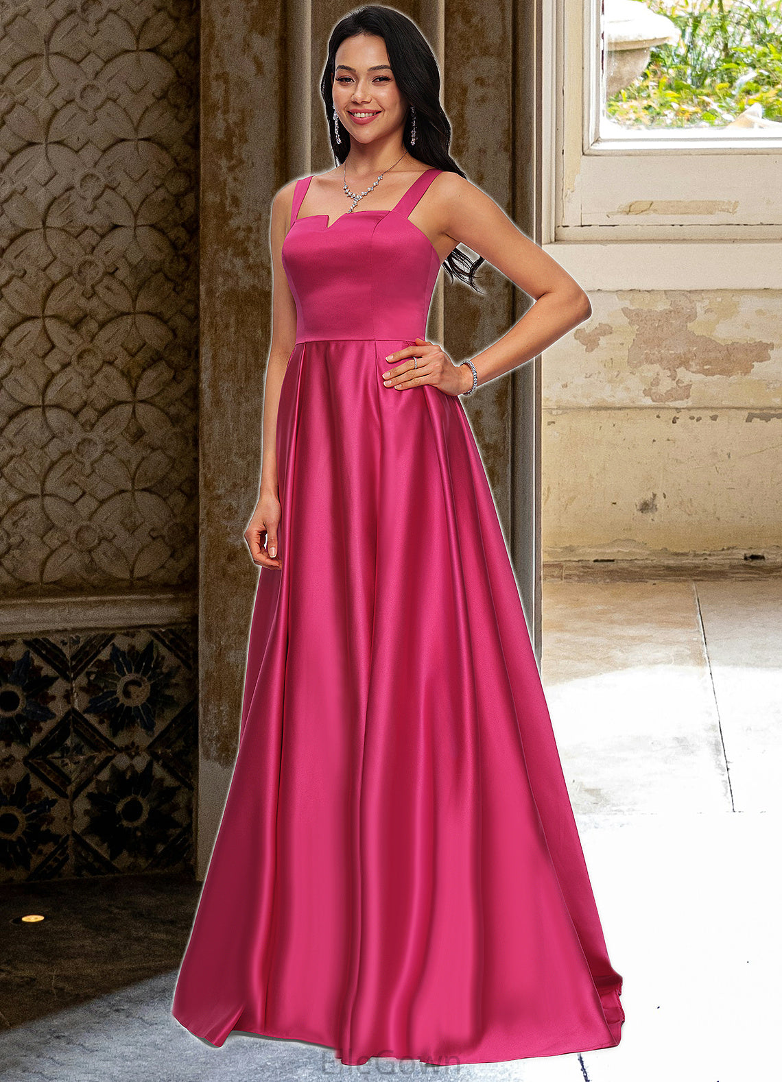 Miriam Ball-Gown/Princess V-Neck Sweep Train Satin Prom Dresses DEP0022215