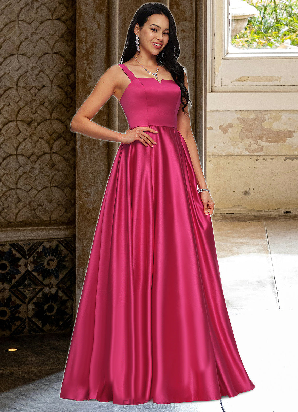 Miriam Ball-Gown/Princess V-Neck Sweep Train Satin Prom Dresses DEP0022215