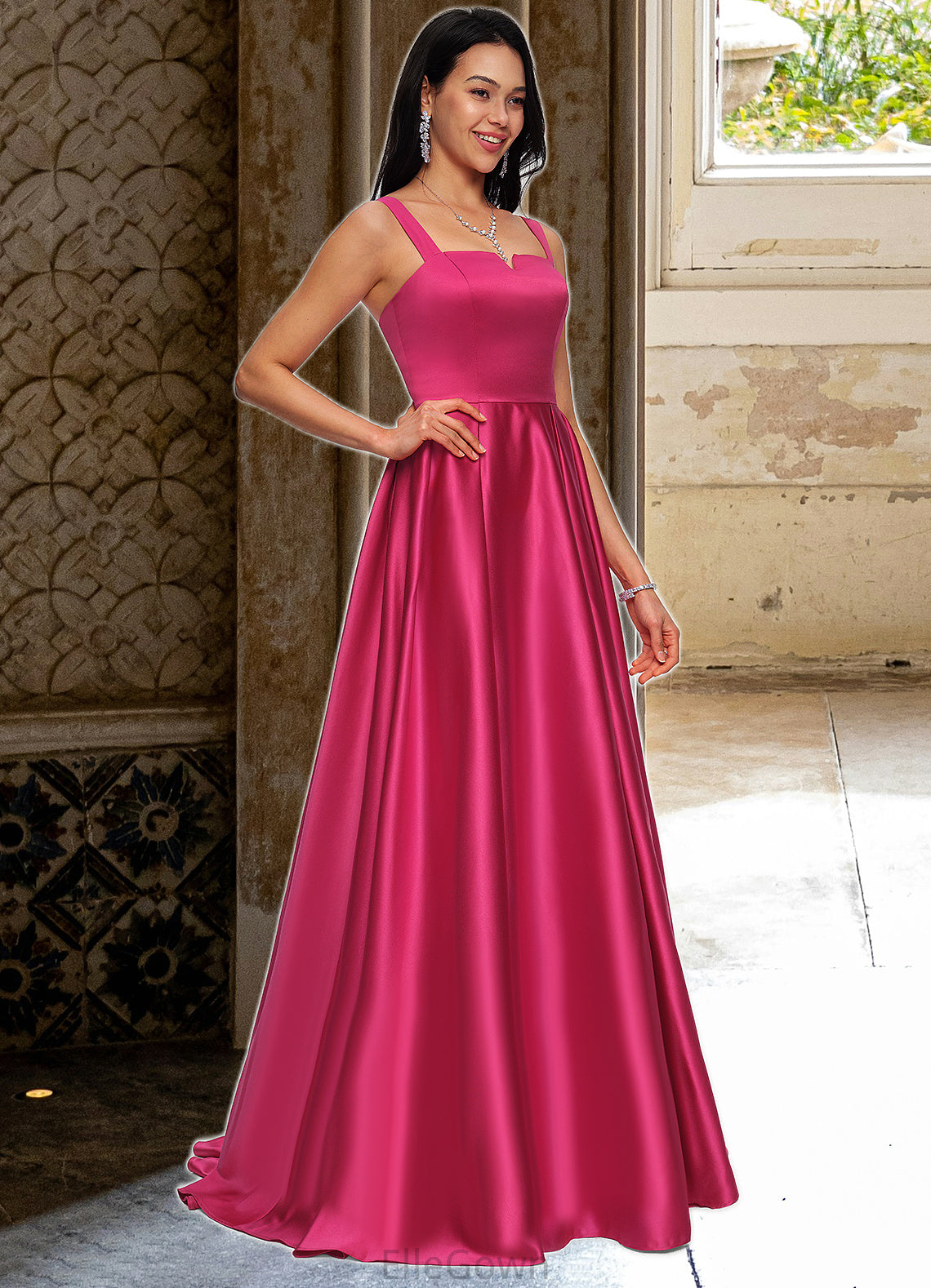 Miriam Ball-Gown/Princess V-Neck Sweep Train Satin Prom Dresses DEP0022215