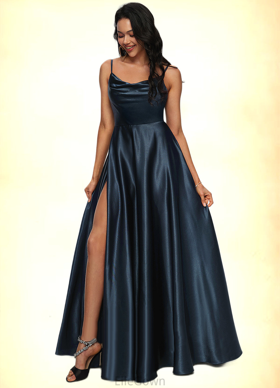 Jimena A-line Cowl Floor-Length Stretch Satin Prom Dresses DEP0022216