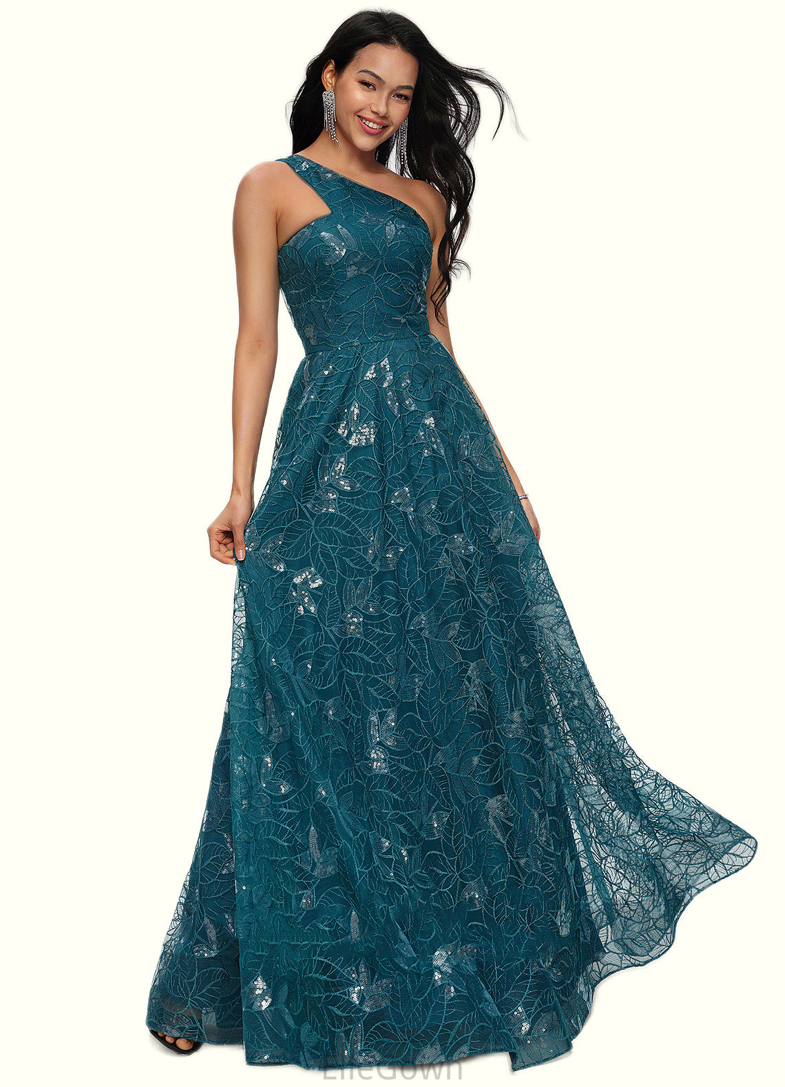 Nora A-line Asymmetrical Floor-Length Lace Prom Dresses With Sequins DEP0022219