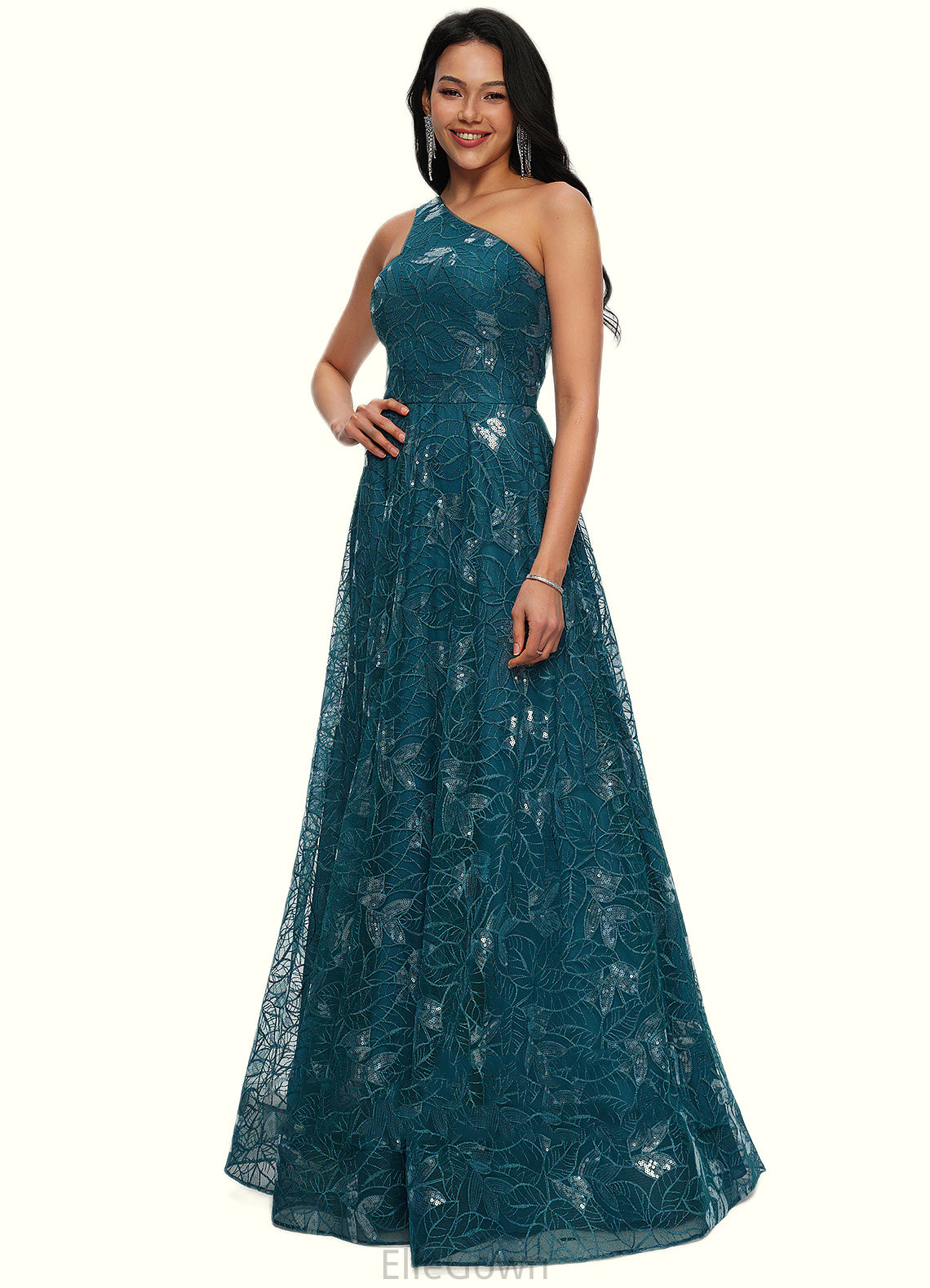 Nora A-line Asymmetrical Floor-Length Lace Prom Dresses With Sequins DEP0022219