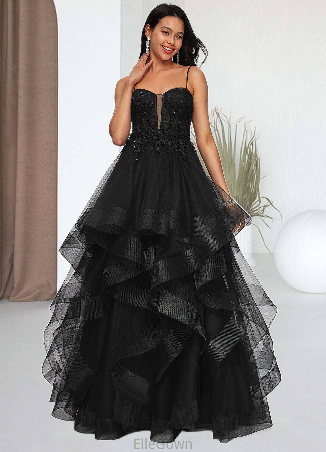 Anabel Ball-Gown/Princess Sweetheart Floor-Length Tulle Prom Dresses With Appliques Lace Sequins DEP0022220