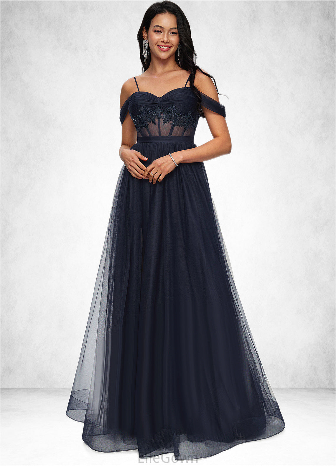 Danica Ball-Gown/Princess Off the Shoulder Floor-Length Tulle Prom Dresses With Appliques Lace Sequins DEP0022221