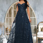 Aubree A-line V-Neck Floor-Length Lace Prom Dresses With Sequins DEP0022222