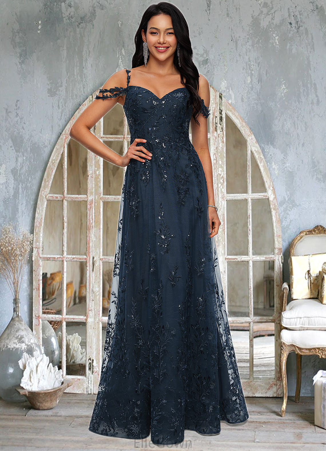 Aubree A-line V-Neck Floor-Length Lace Prom Dresses With Sequins DEP0022222