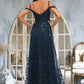 Aubree A-line V-Neck Floor-Length Lace Prom Dresses With Sequins DEP0022222