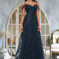 Aubree A-line V-Neck Floor-Length Lace Prom Dresses With Sequins DEP0022222