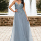 Marilyn A-line V-Neck Floor-Length Tulle Prom Dresses With Appliques Lace Sequins DEP0022223