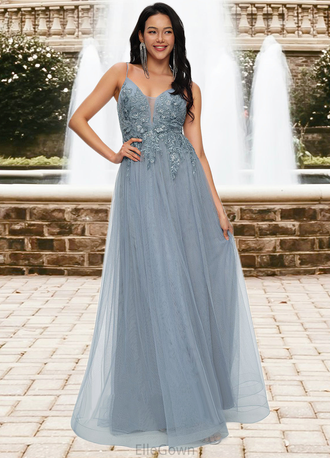 Marilyn A-line V-Neck Floor-Length Tulle Prom Dresses With Appliques Lace Sequins DEP0022223