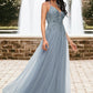 Marilyn A-line V-Neck Floor-Length Tulle Prom Dresses With Appliques Lace Sequins DEP0022223