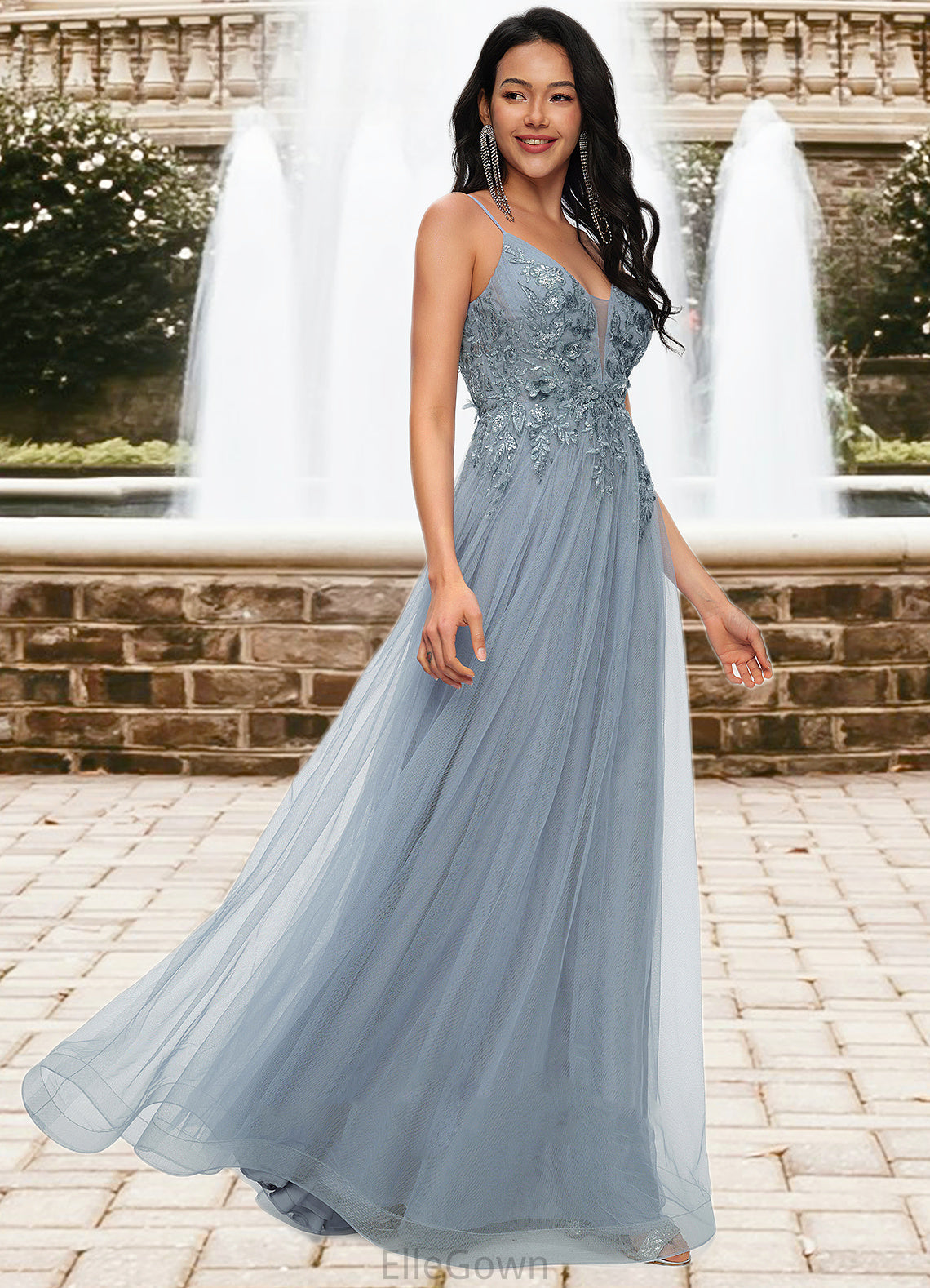 Marilyn A-line V-Neck Floor-Length Tulle Prom Dresses With Appliques Lace Sequins DEP0022223