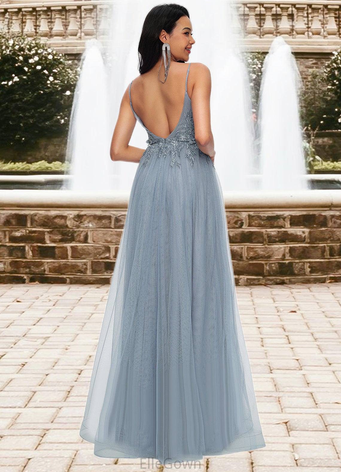 Marilyn A-line V-Neck Floor-Length Tulle Prom Dresses With Appliques Lace Sequins DEP0022223