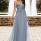 Marilyn A-line V-Neck Floor-Length Tulle Prom Dresses With Appliques Lace Sequins DEP0022223