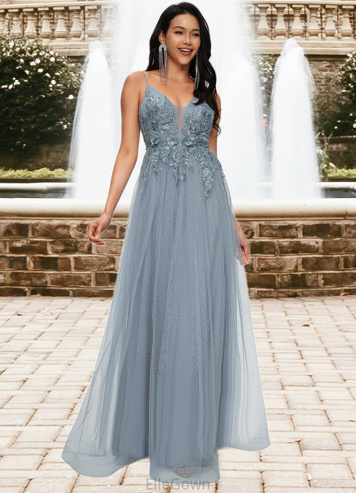 Marilyn A-line V-Neck Floor-Length Tulle Prom Dresses With Appliques Lace Sequins DEP0022223