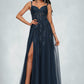 Jaelynn A-line V-Neck Floor-Length Tulle Prom Dresses With Sequins DEP0022224