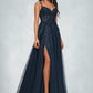 Jaelynn A-line V-Neck Floor-Length Tulle Prom Dresses With Sequins DEP0022224