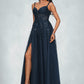 Jaelynn A-line V-Neck Floor-Length Tulle Prom Dresses With Sequins DEP0022224