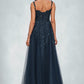 Jaelynn A-line V-Neck Floor-Length Tulle Prom Dresses With Sequins DEP0022224