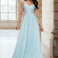 Shaylee A-line V-Neck Floor-Length Tulle Prom Dresses With Rhinestone Appliques Lace Sequins DEP0022225