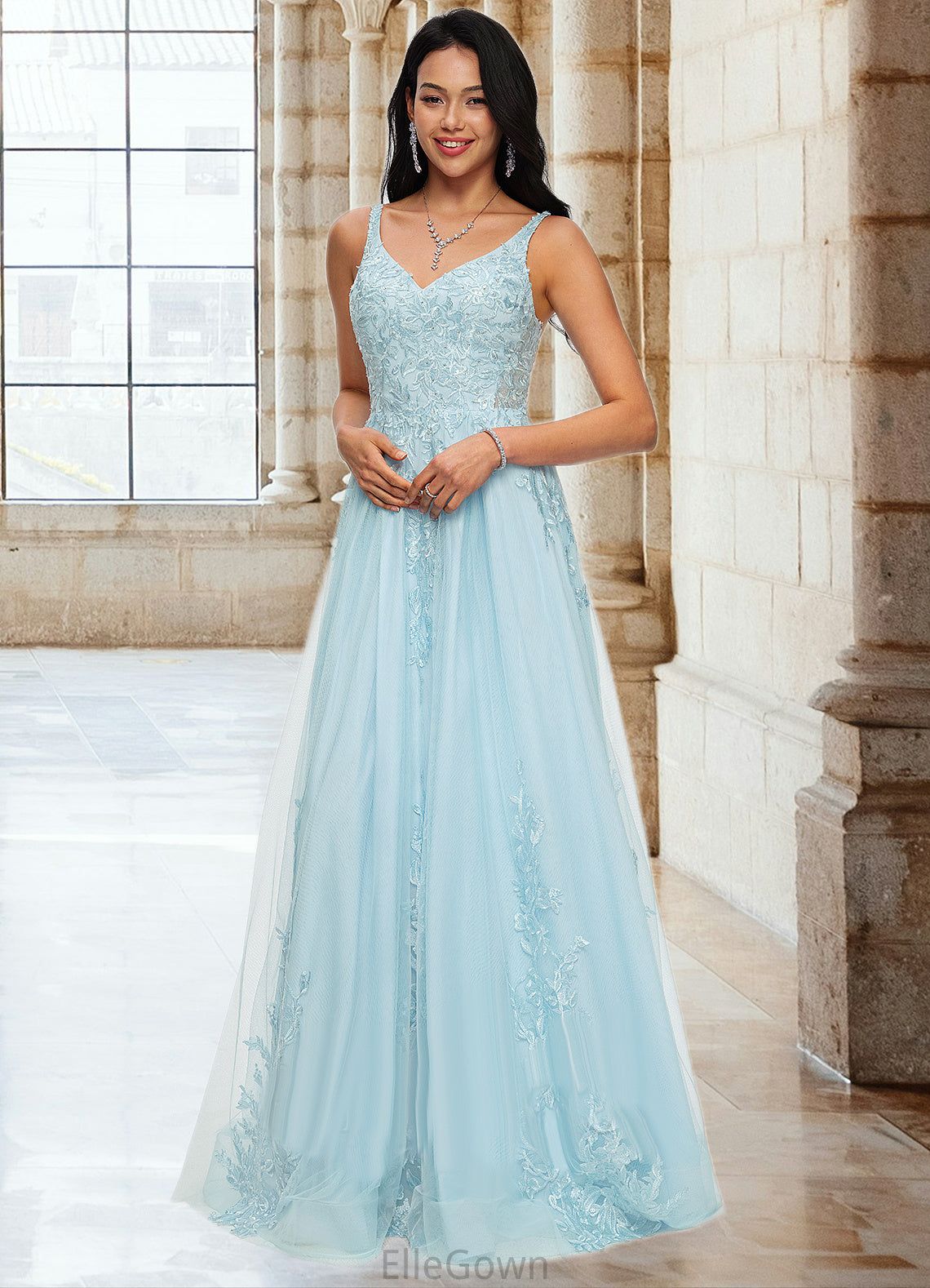 Shaylee A-line V-Neck Floor-Length Tulle Prom Dresses With Rhinestone Appliques Lace Sequins DEP0022225