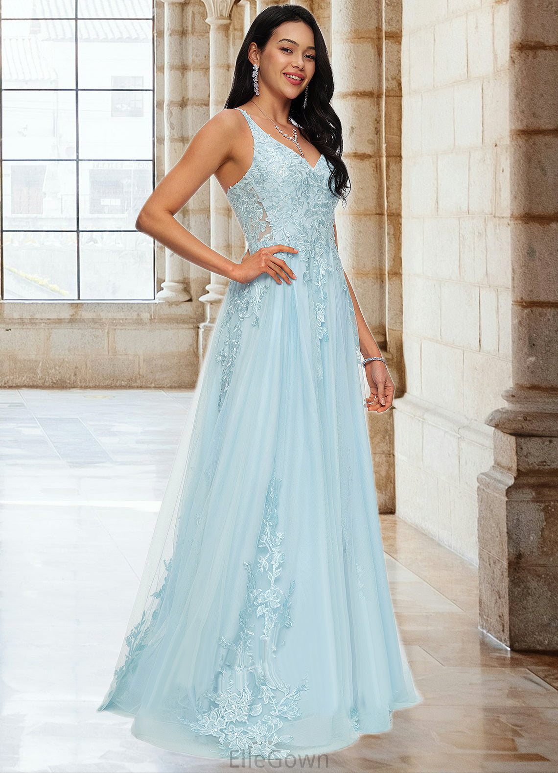 Shaylee A-line V-Neck Floor-Length Tulle Prom Dresses With Rhinestone Appliques Lace Sequins DEP0022225