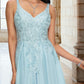 Shaylee A-line V-Neck Floor-Length Tulle Prom Dresses With Rhinestone Appliques Lace Sequins DEP0022225