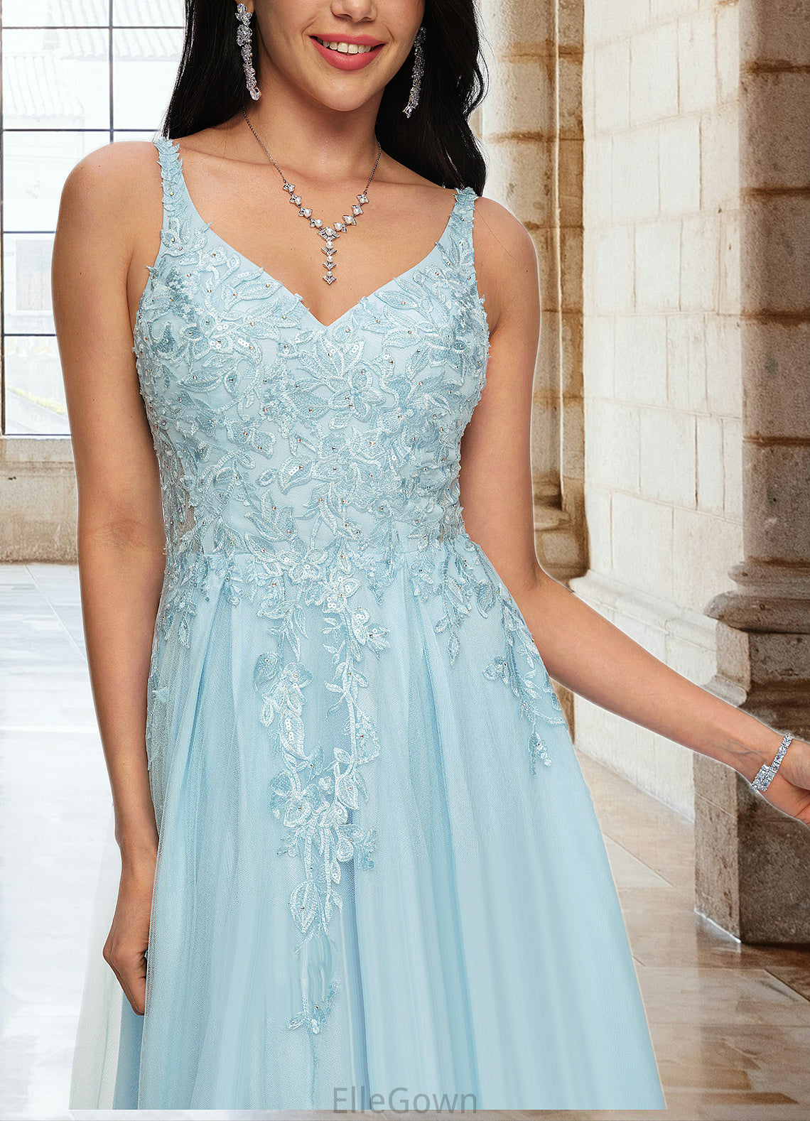 Shaylee A-line V-Neck Floor-Length Tulle Prom Dresses With Rhinestone Appliques Lace Sequins DEP0022225