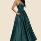 Ashlyn Ball-Gown/Princess V-Neck Floor-Length Satin Prom Dresses With Pleated DEP0022230