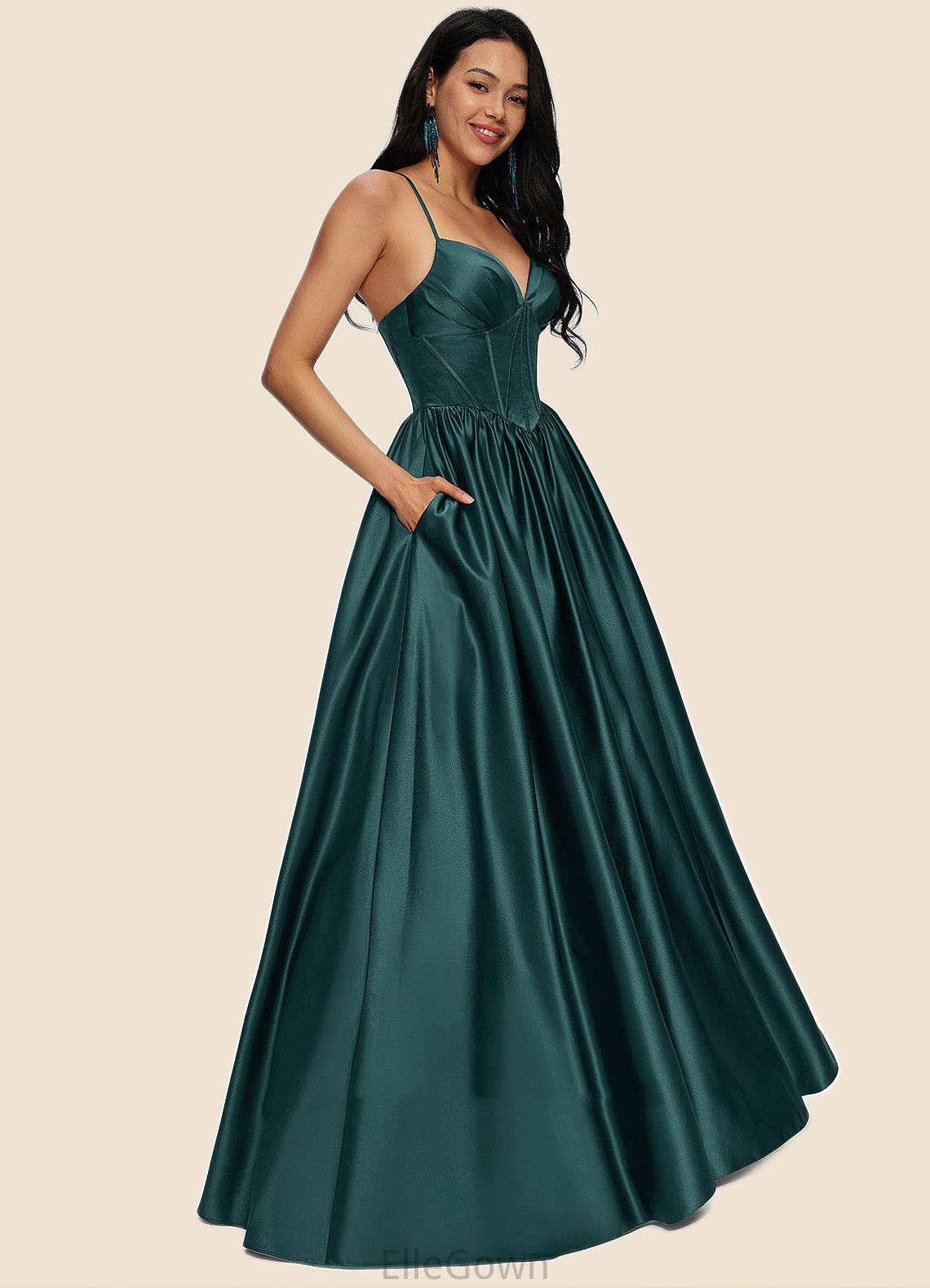 Ashlyn Ball-Gown/Princess V-Neck Floor-Length Satin Prom Dresses With Pleated DEP0022230