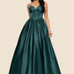 Ashlyn Ball-Gown/Princess V-Neck Floor-Length Satin Prom Dresses With Pleated DEP0022230