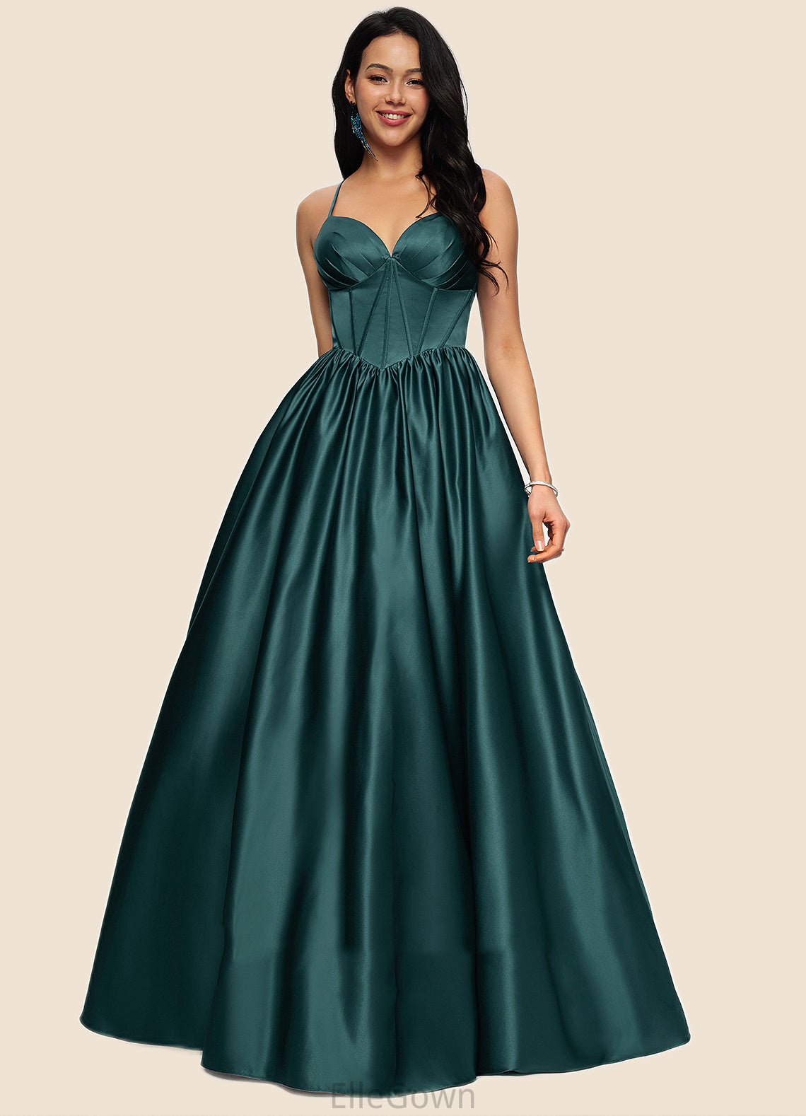 Ashlyn Ball-Gown/Princess V-Neck Floor-Length Satin Prom Dresses With Pleated DEP0022230