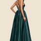 Ashlyn Ball-Gown/Princess V-Neck Floor-Length Satin Prom Dresses With Pleated DEP0022230