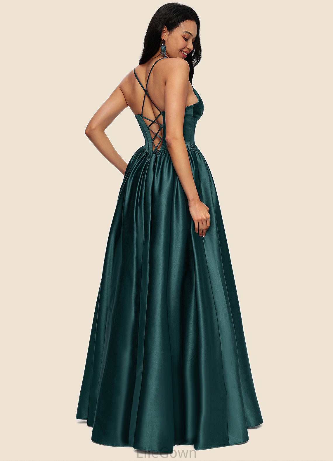 Ashlyn Ball-Gown/Princess V-Neck Floor-Length Satin Prom Dresses With Pleated DEP0022230